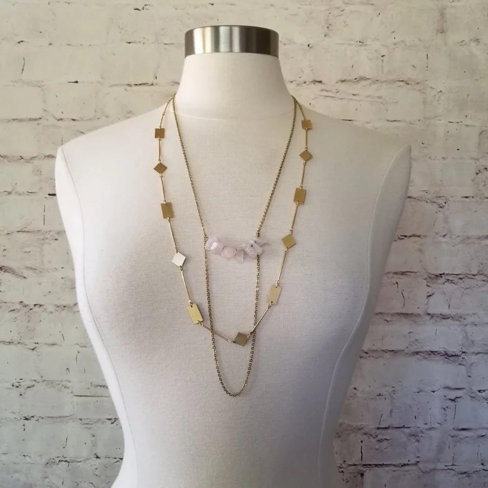 Rose Quartz Stones and Gold Cutout Shapes Layered Double Strand Chain Necklace